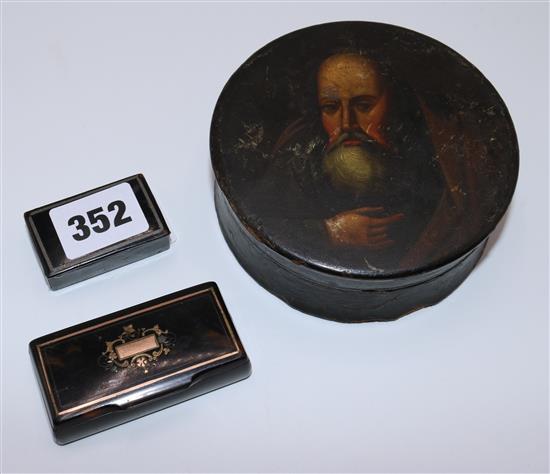 2 papier mache boxes and a tortoiseshell snuff box